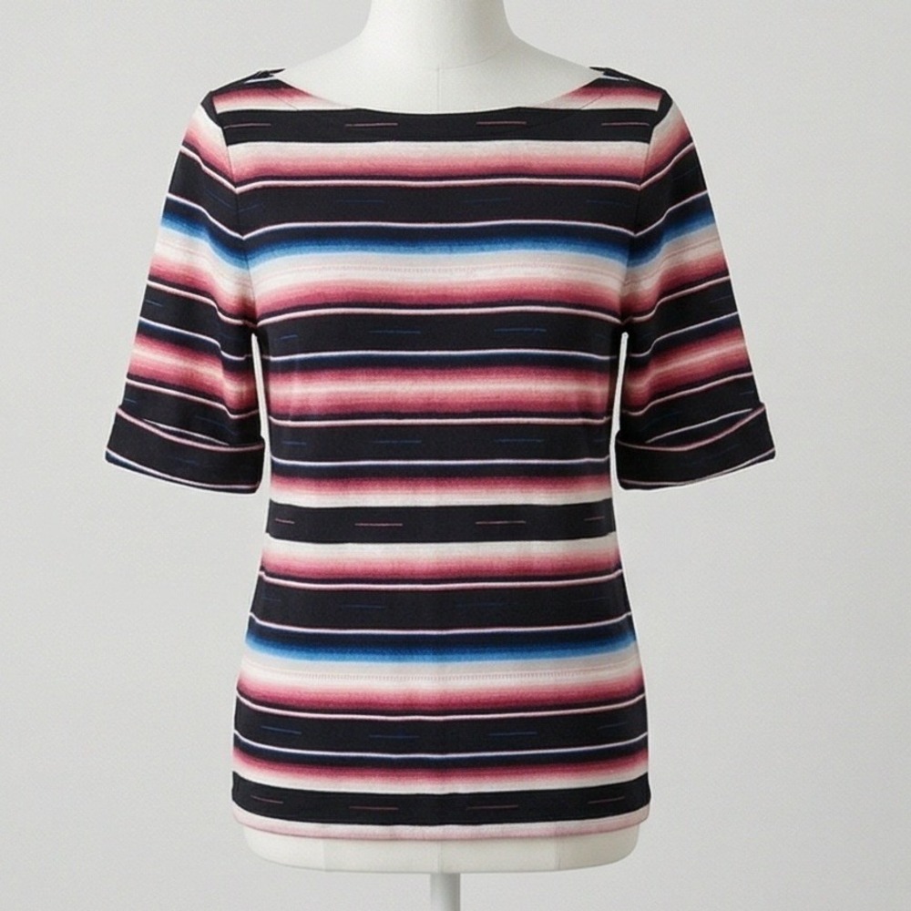 LAUREN Ralph Lauren Womens Top XL Striped Cuffed Sleeve Boat Neck Tee Shirt